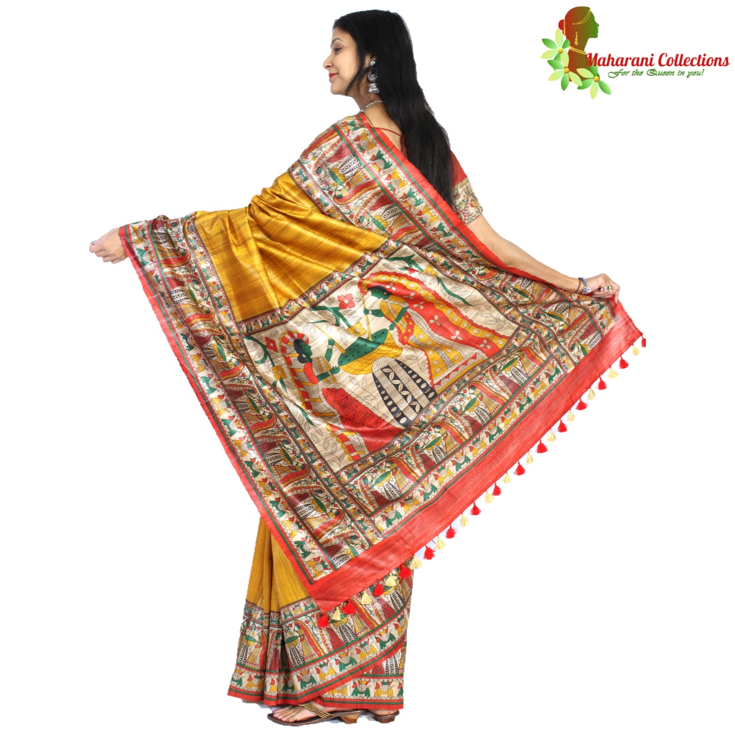 Maharani's Pure Tussar Silk Saree (Silk Mark) - Mustard Yellow with Madhubani Hand Painting