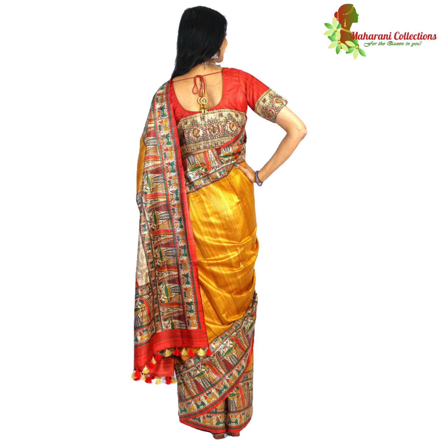 Maharani's Pure Tussar Silk Saree (Silk Mark) - Mustard Yellow with Madhubani Hand Painting