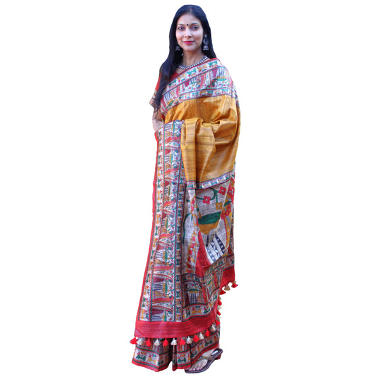 Maharani's Pure Tussar Silk Saree (Silk Mark) - Mustard Yellow with Madhubani Hand Painting