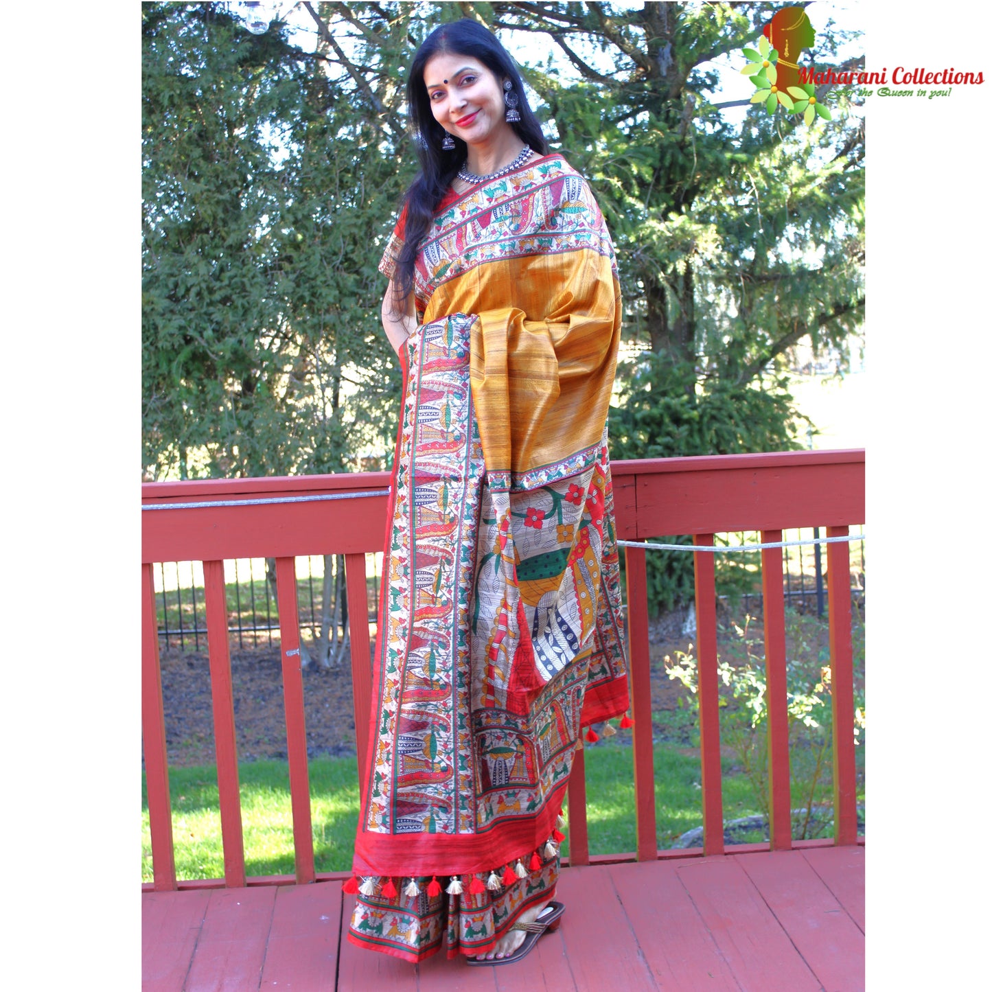 Maharani's Pure Tussar Silk Saree (Silk Mark) - Mustard Yellow with Madhubani Hand Painting