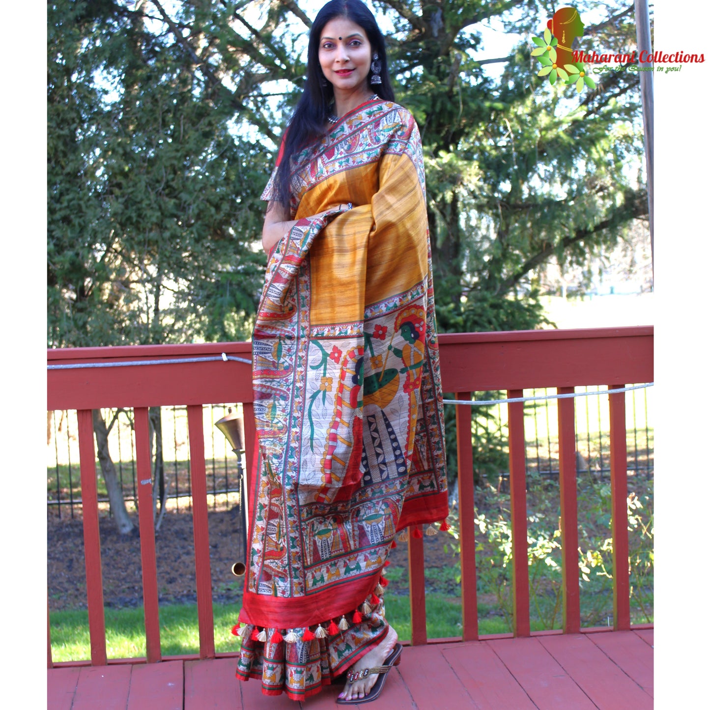 Maharani's Pure Tussar Silk Saree (Silk Mark) - Mustard Yellow with Madhubani Hand Painting