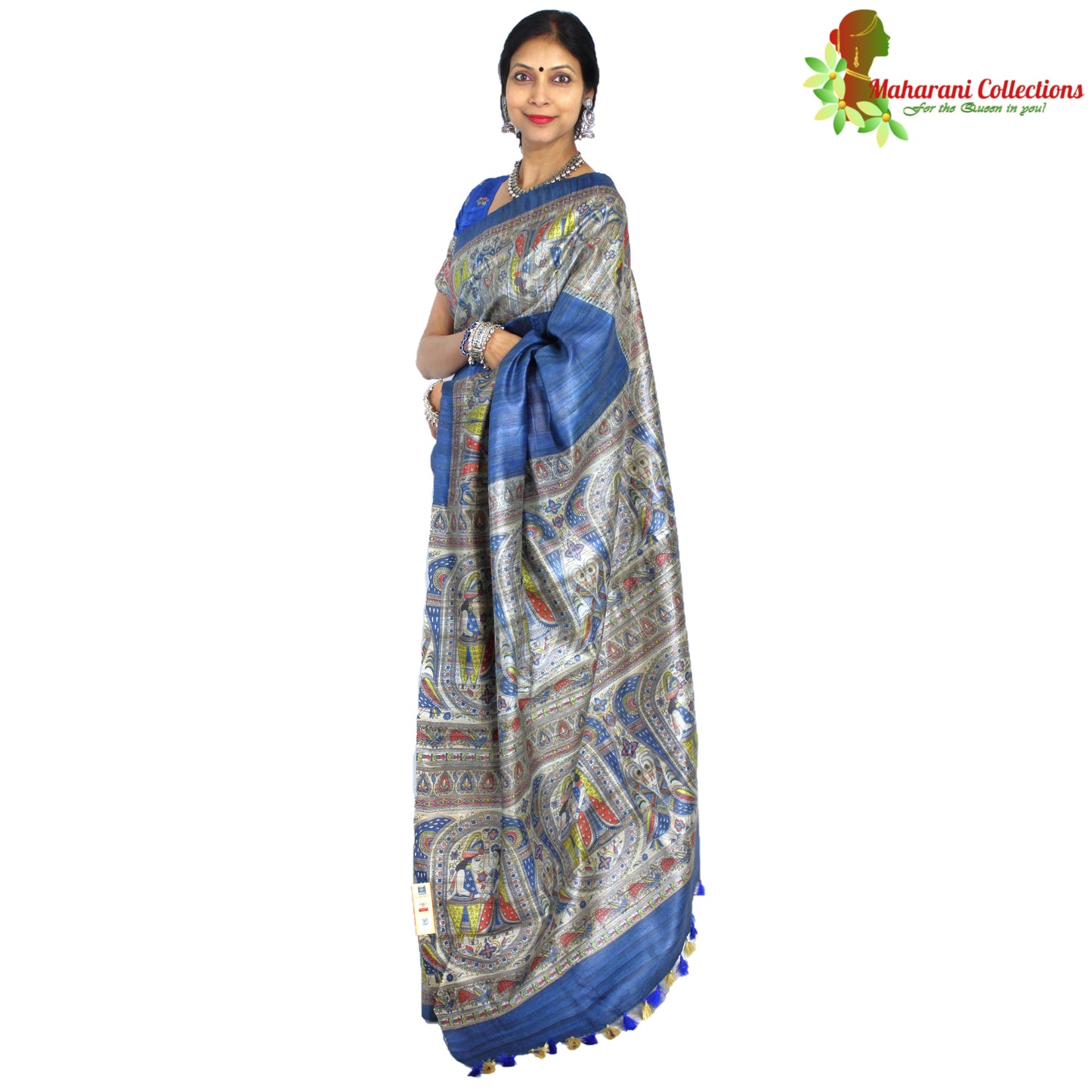 Maharani's Pure Tussar Silk Saree (Silk Mark) - Robin Blue with Madhubani Hand Painting