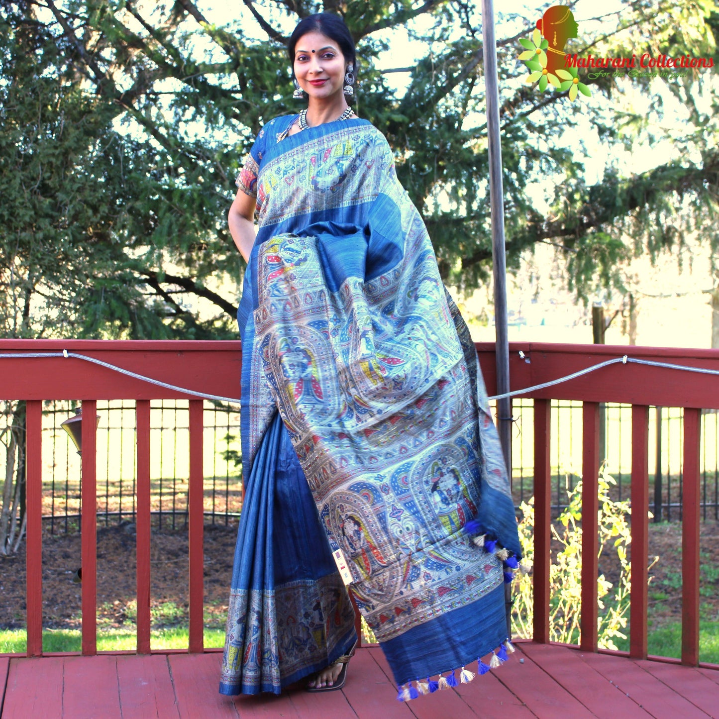 Maharani's Pure Tussar Silk Saree (Silk Mark) - Robin Blue with Madhubani Hand Painting