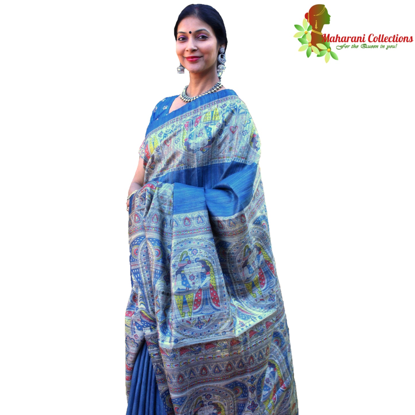 Maharani's Pure Tussar Silk Saree (Silk Mark) - Robin Blue with Madhubani Hand Painting