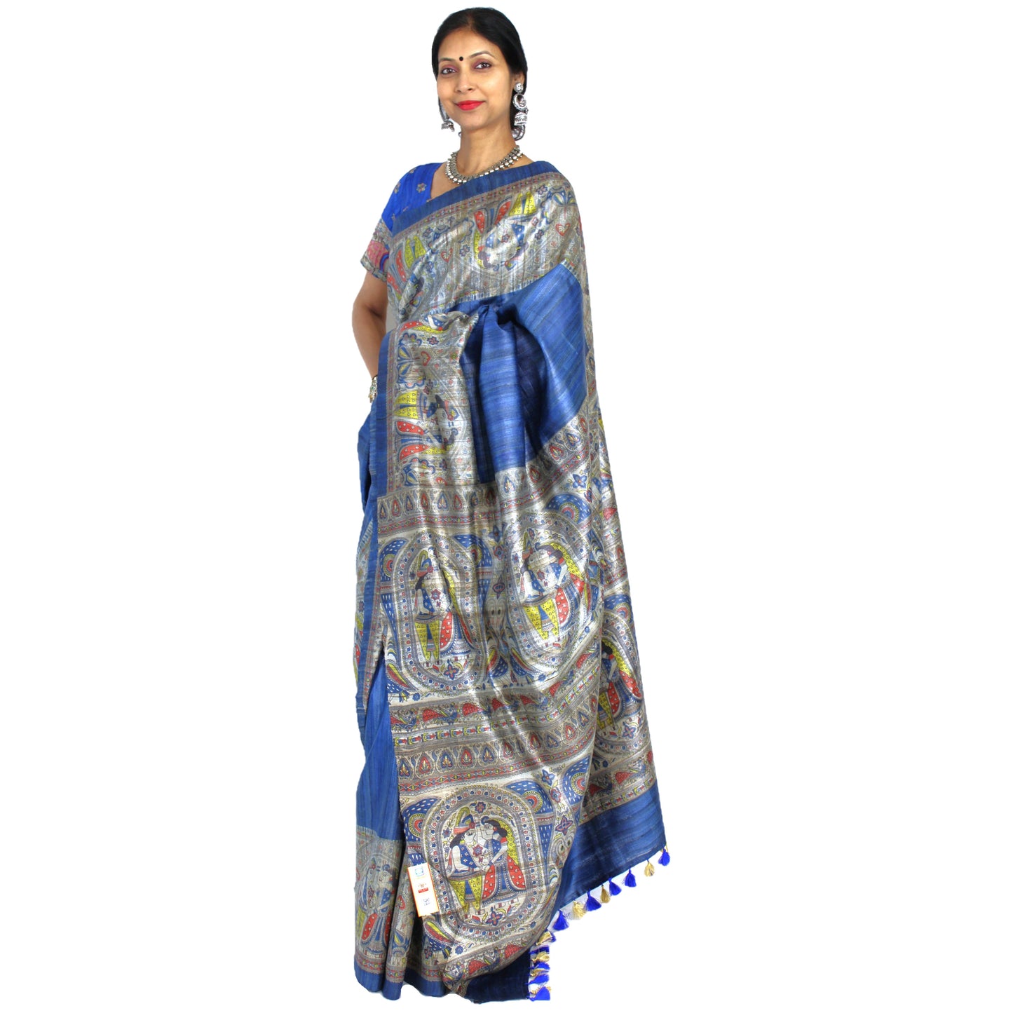 Maharani's Pure Tussar Silk Saree (Silk Mark) - Robin Blue with Madhubani Hand Painting