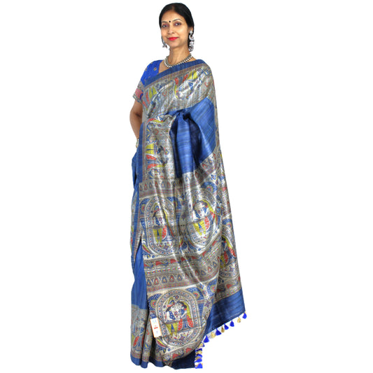 Maharani's Pure Tussar Silk Saree (Silk Mark) - Robin Blue with Madhubani Hand Painting