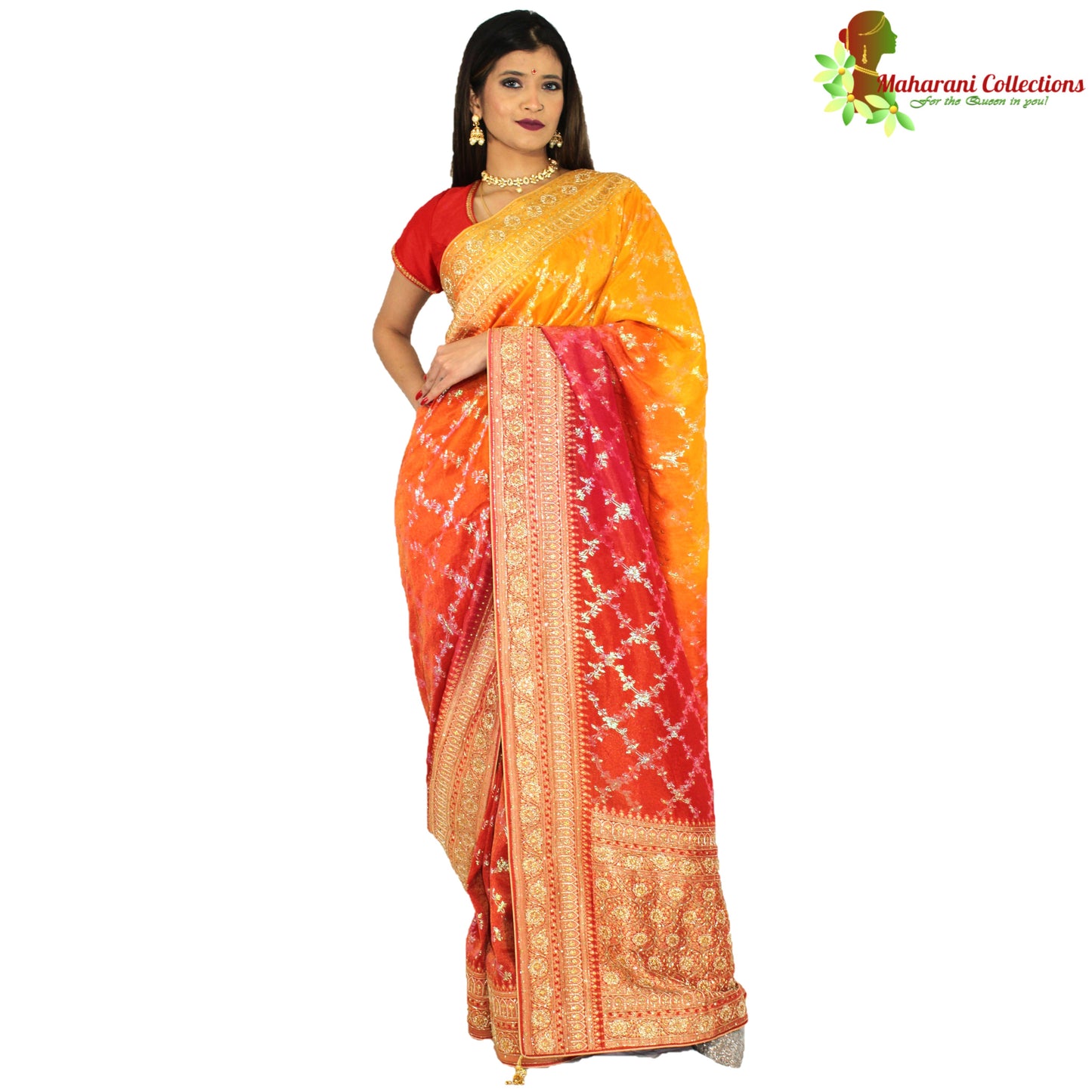 Maharani's Pure Banarasi Georgette Saree - Yellow/Orange/Red (with Stitched Petticoat)