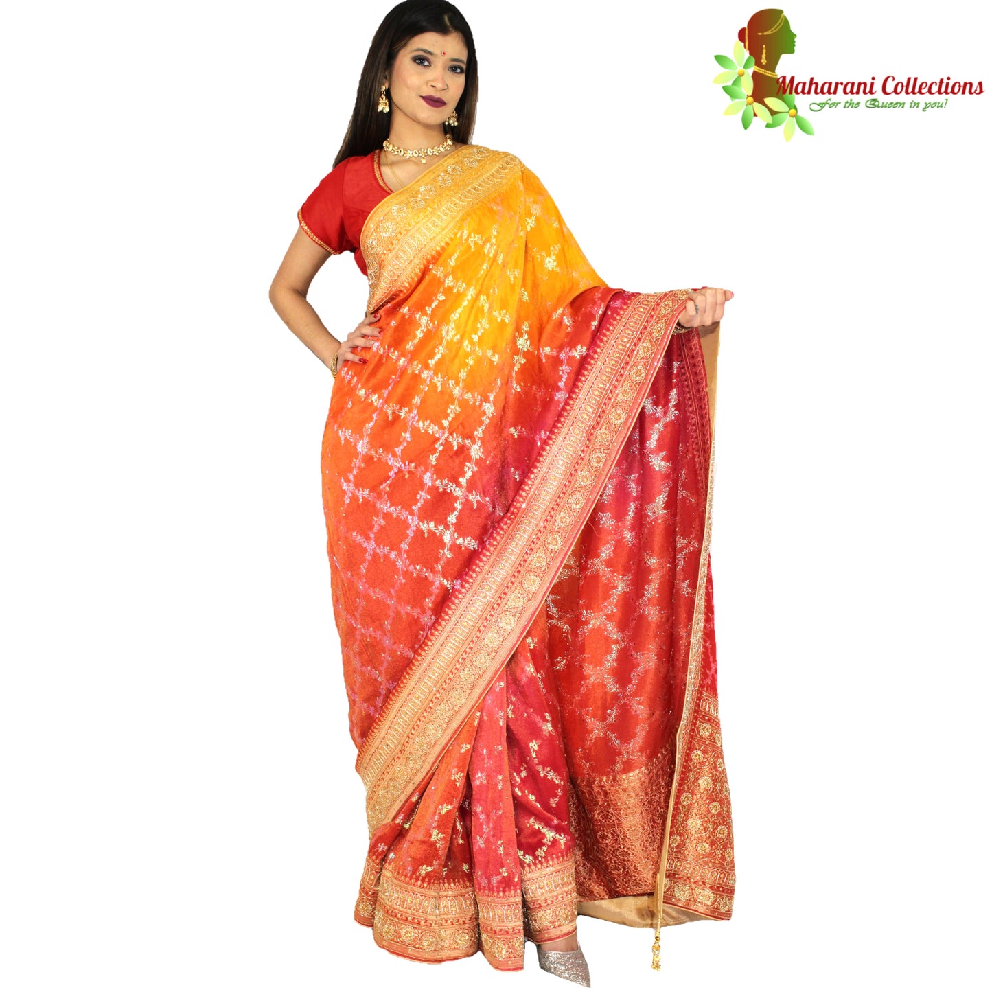 Maharani's Pure Banarasi Georgette Saree - Yellow/Orange/Red (with Stitched Petticoat)