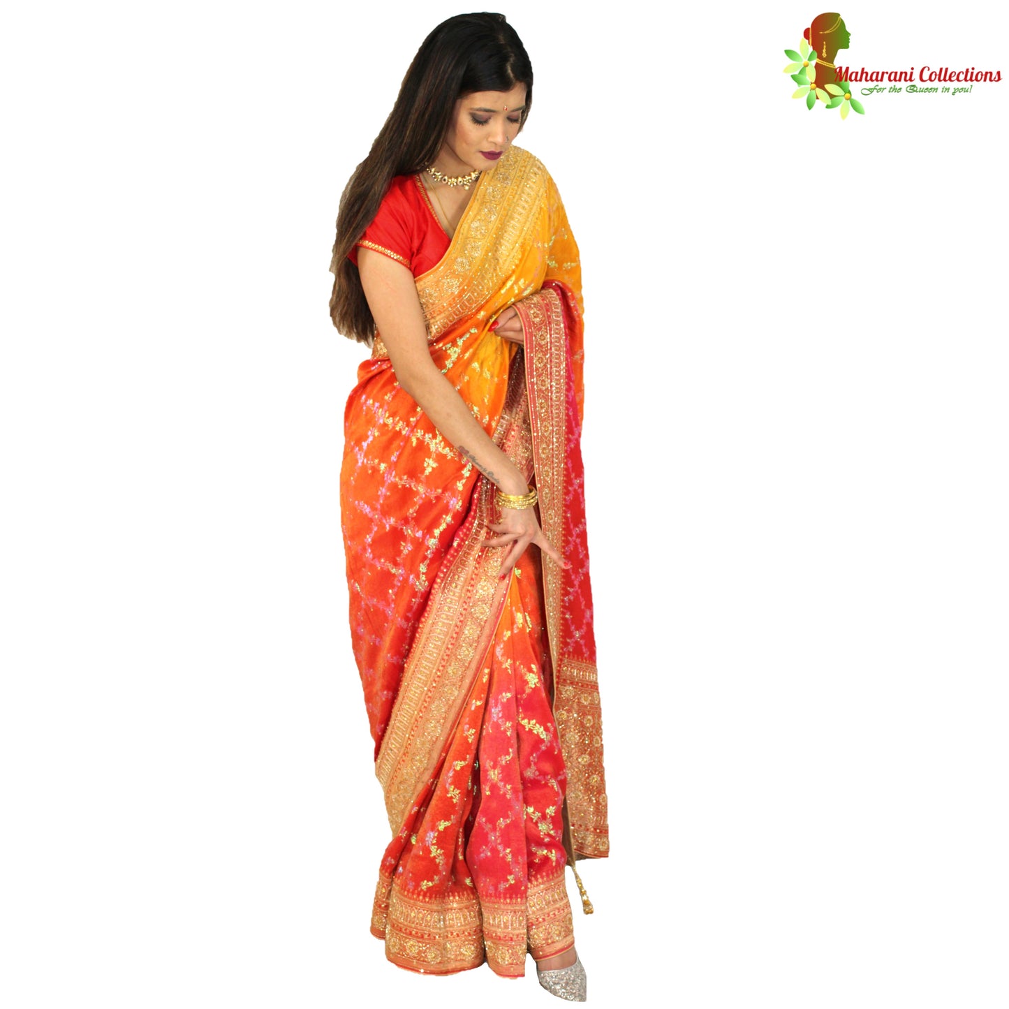 Maharani's Pure Banarasi Georgette Saree - Yellow/Orange/Red (with Stitched Petticoat)