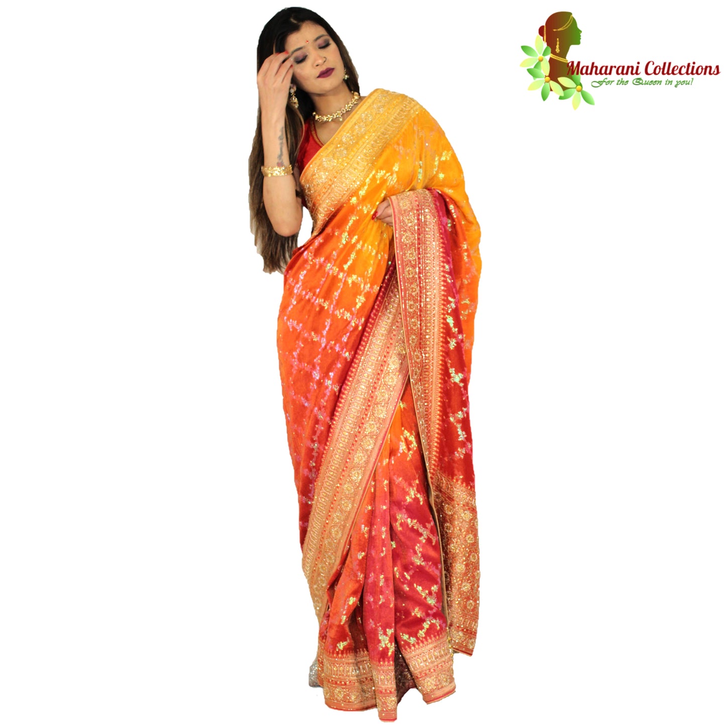 Maharani's Pure Banarasi Georgette Saree - Yellow/Orange/Red (with Stitched Petticoat)