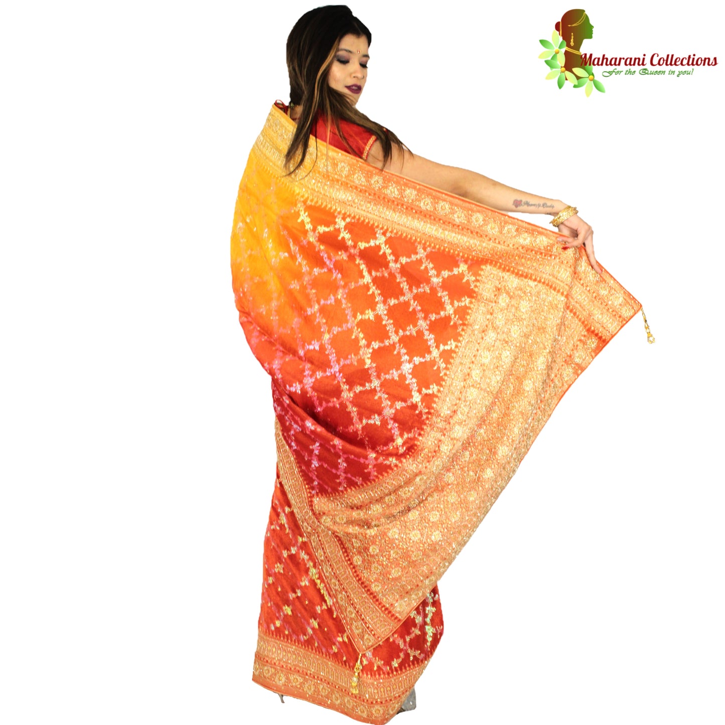 Maharani's Pure Banarasi Georgette Saree - Yellow/Orange/Red (with Stitched Petticoat)