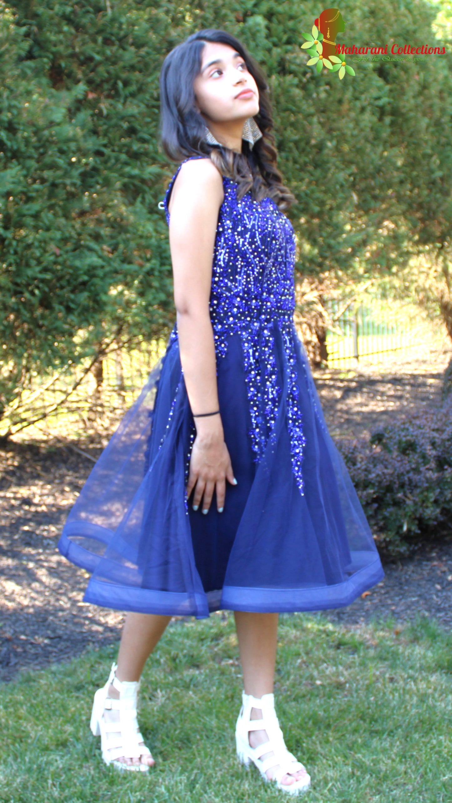 Maharani's Designer Silk and Net Evening Dress - Robin Blue (S)