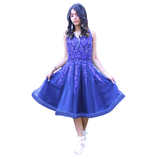 Maharani's Designer Silk and Net Evening Dress - Robin Blue (S)