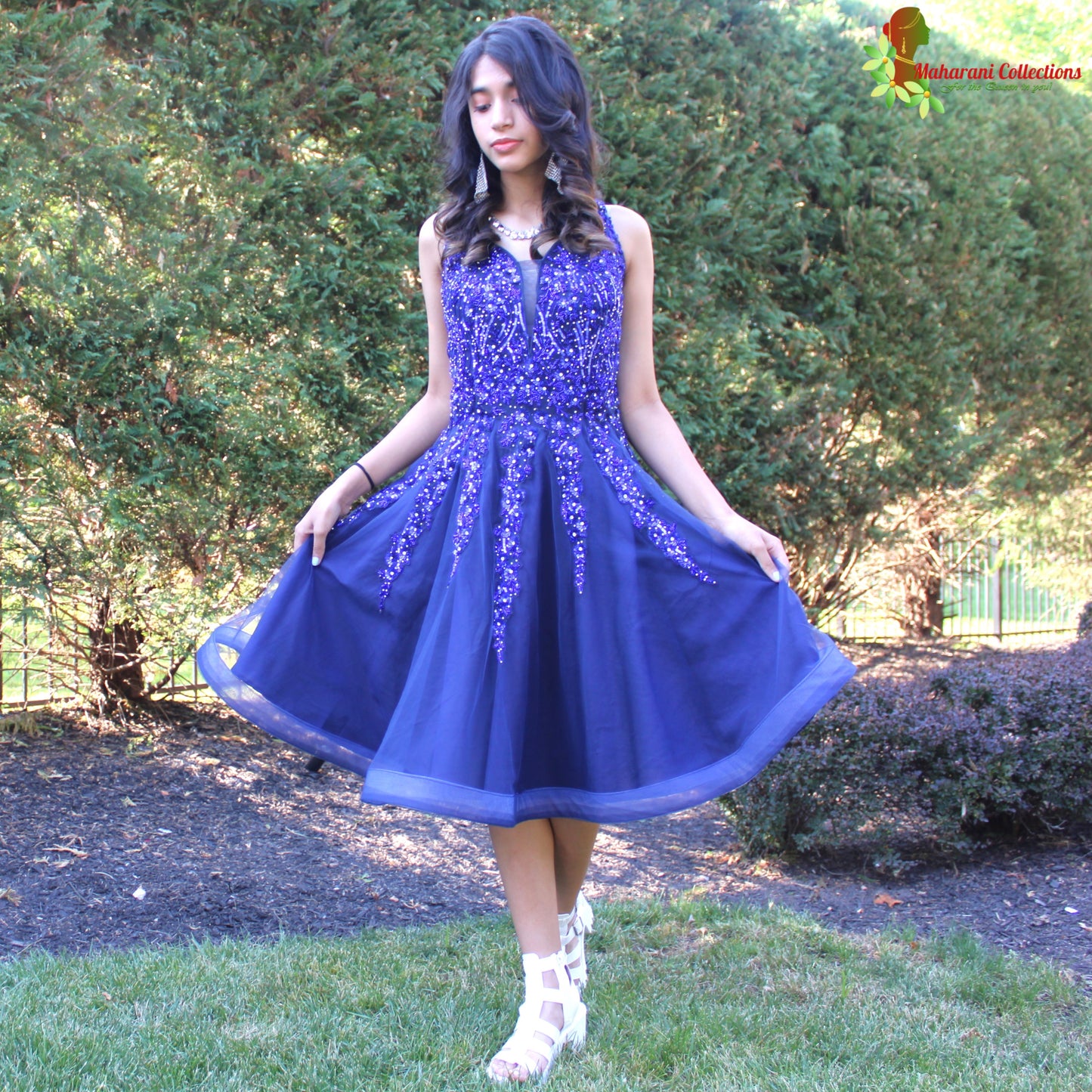 Maharani's Designer Silk and Net Evening Dress - Robin Blue (S)