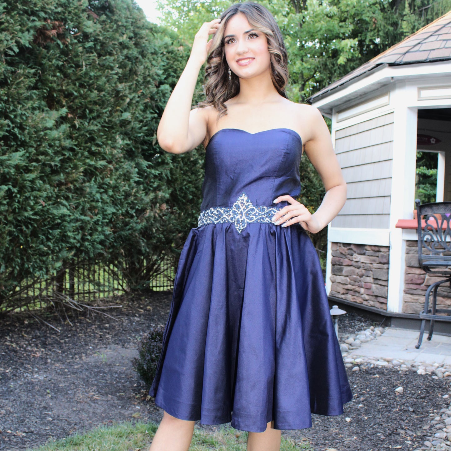 Maharani's Designer Silk Evening Dress - Navy Blue (M)
