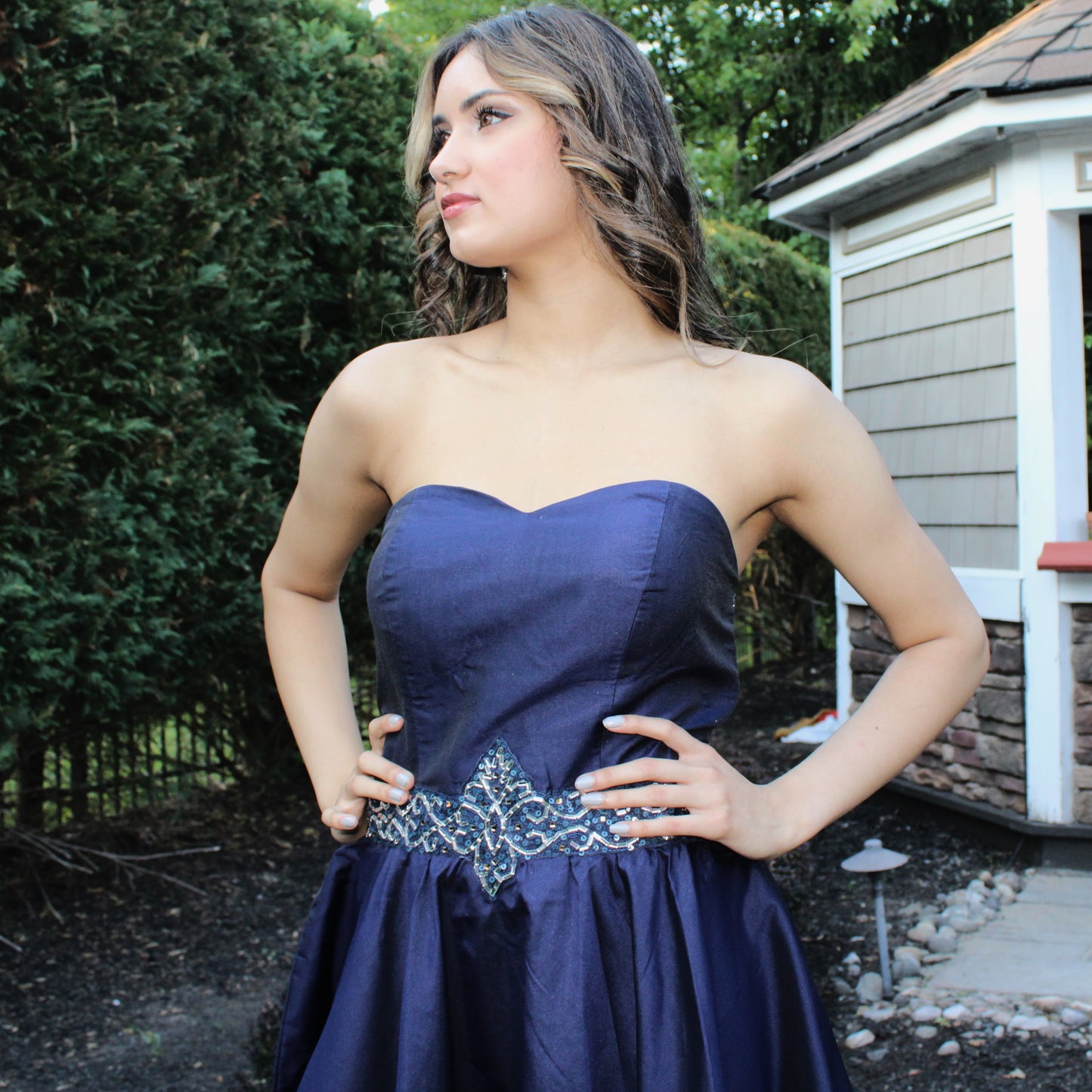 Maharani's Designer Silk Evening Dress - Navy Blue (M)