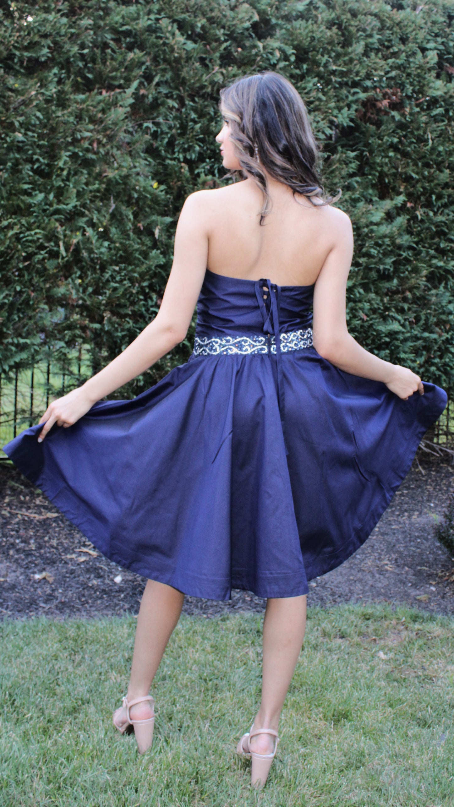 Maharani's Designer Silk Evening Dress - Navy Blue (M)