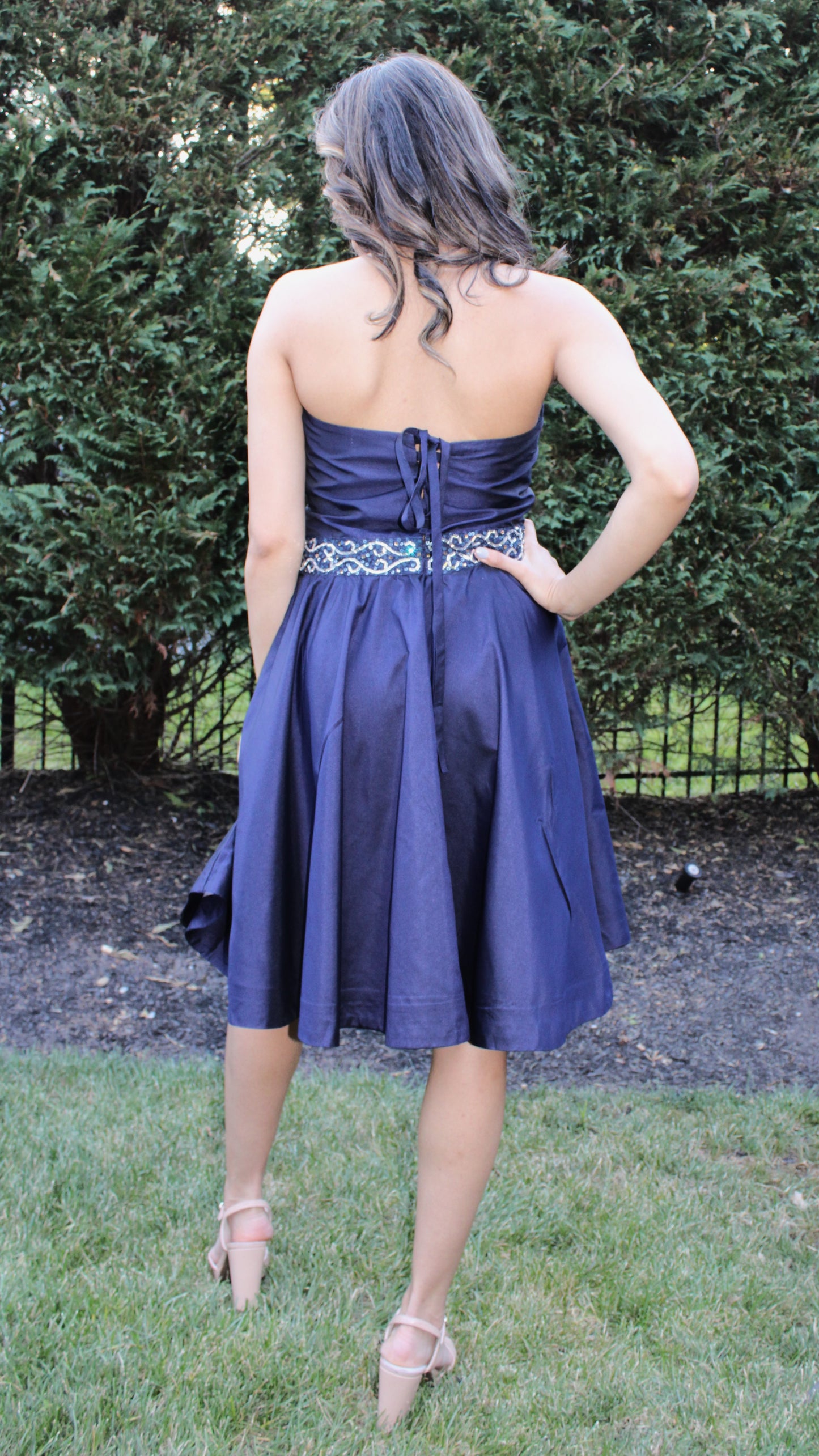 Maharani's Designer Silk Evening Dress - Navy Blue (M)