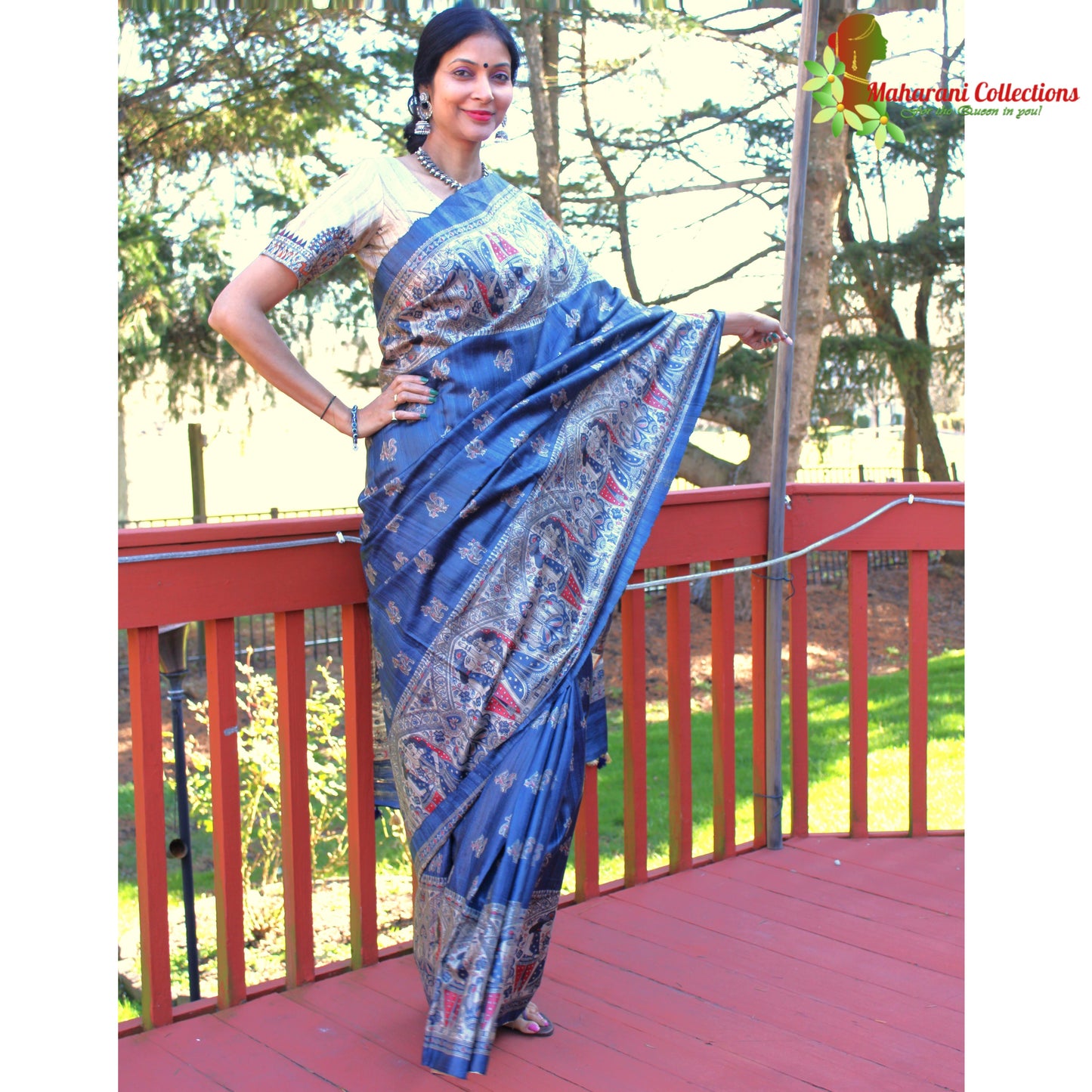 Maharani's Pure Tussar Silk Saree (Silk Mark) - Cobalt Blue with Madhubani Hand Painting