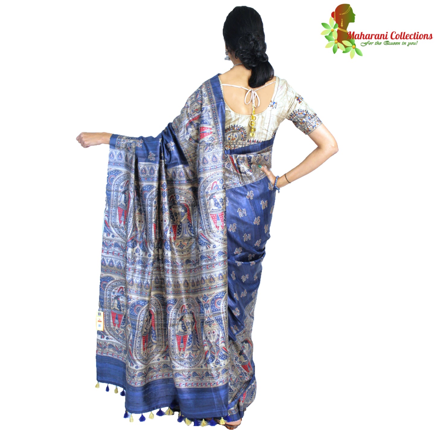 Maharani's Pure Tussar Silk Saree (Silk Mark) - Cobalt Blue with Madhubani Hand Painting