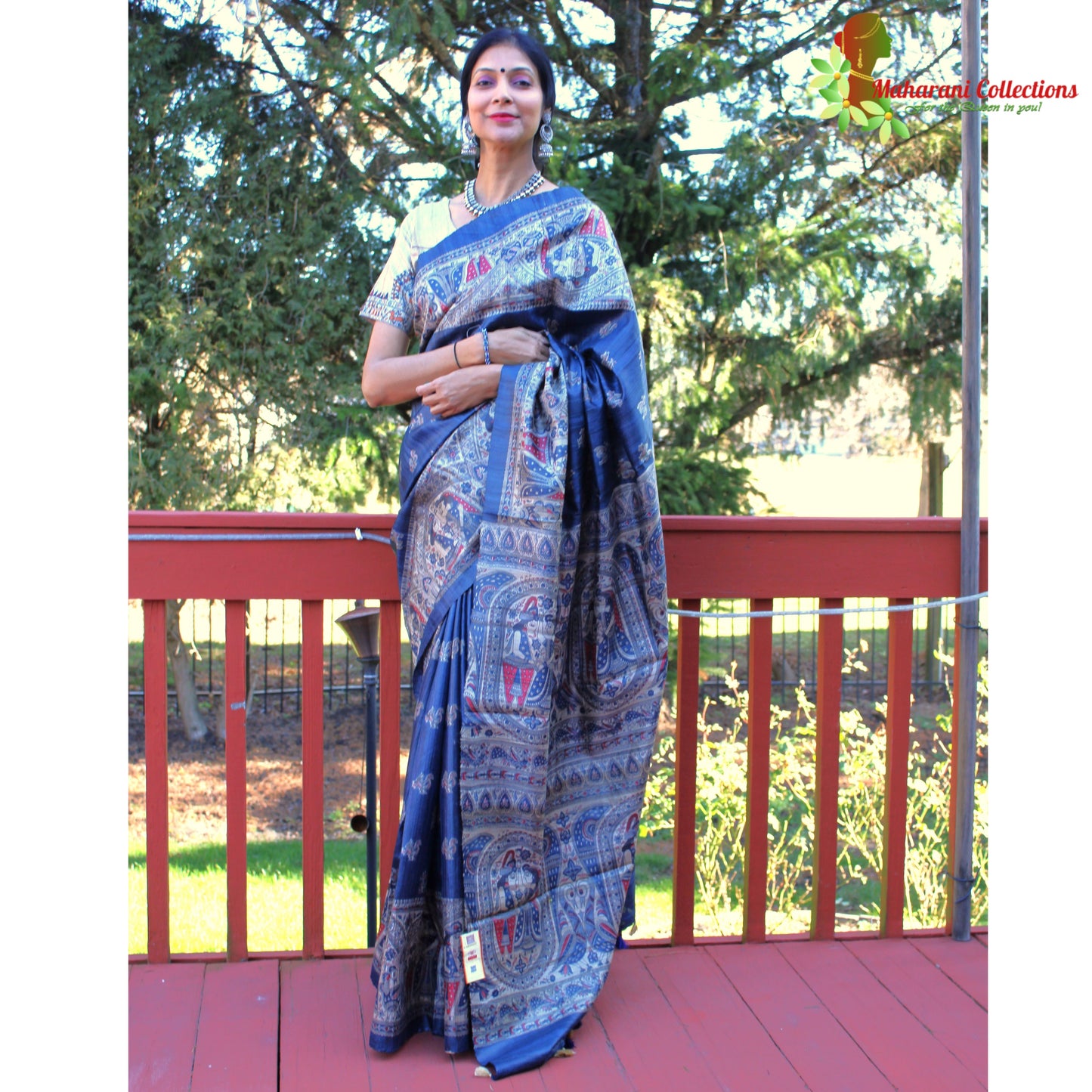 Maharani's Pure Tussar Silk Saree (Silk Mark) - Cobalt Blue with Madhubani Hand Painting