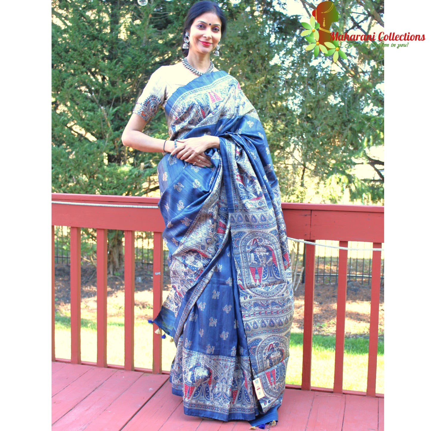 Maharani's Pure Tussar Silk Saree (Silk Mark) - Cobalt Blue with Madhubani Hand Painting