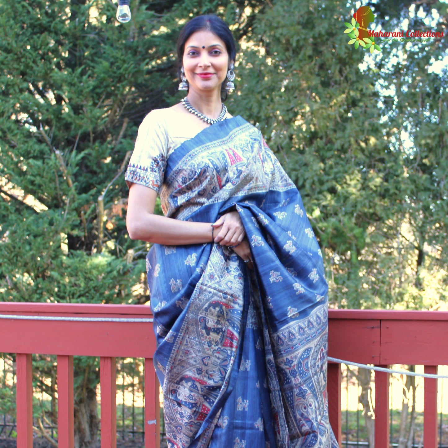 Maharani's Pure Tussar Silk Saree (Silk Mark) - Cobalt Blue with Madhubani Hand Painting
