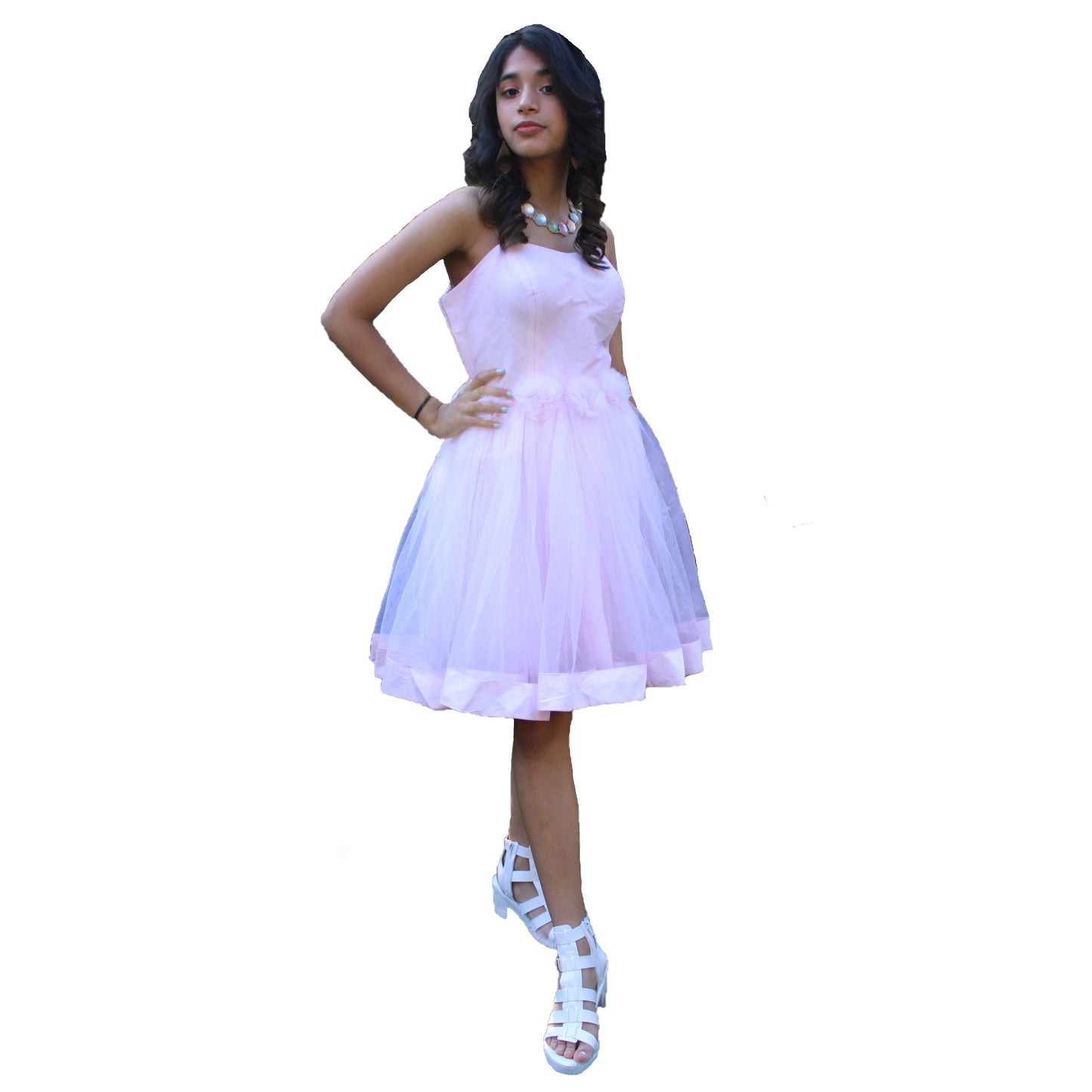 Maharani's Designer Silk and Net Evening Dress - Baby Pink (S)