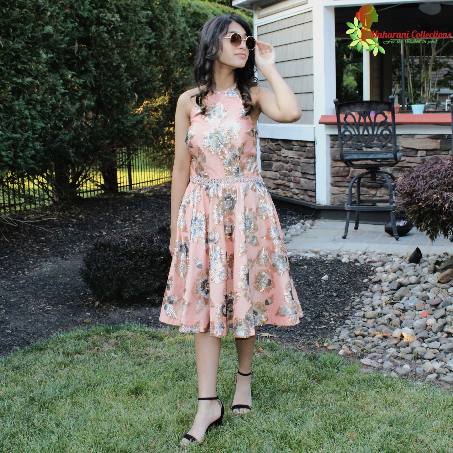 Maharani's Designer Silk and Net Evening Dress - Peach (S)