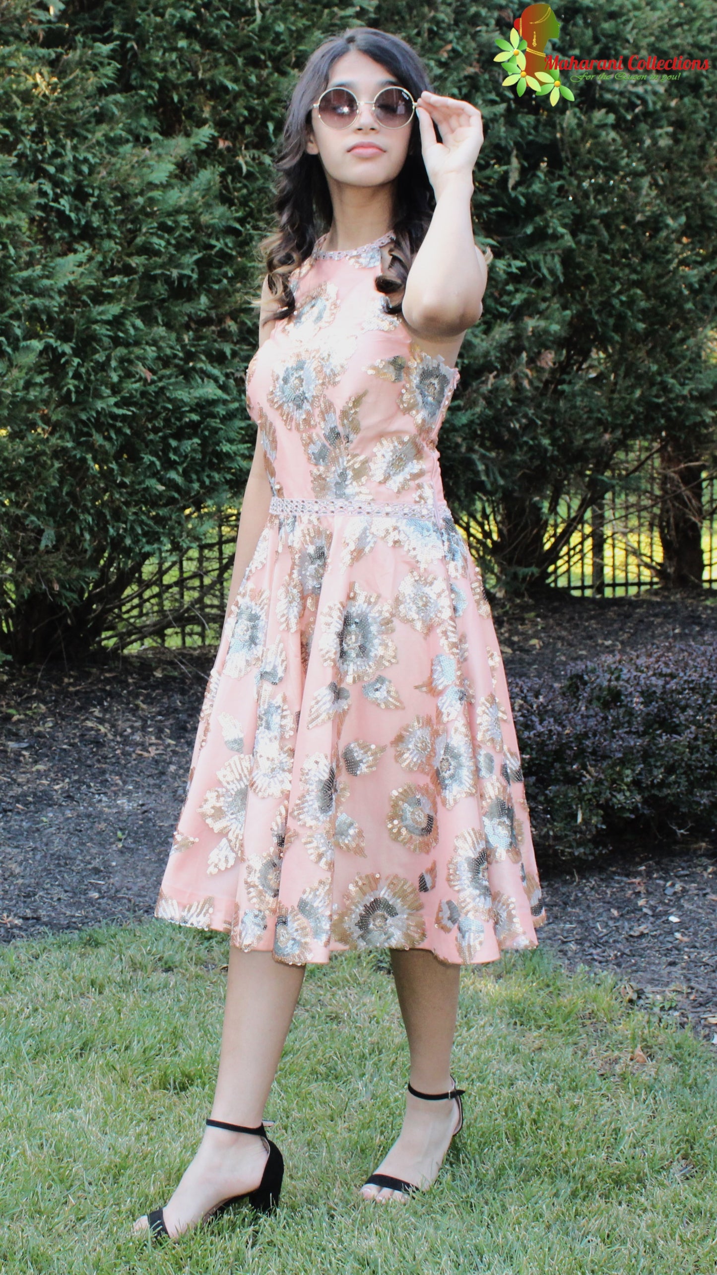 Maharani's Designer Silk and Net Evening Dress - Peach (S)