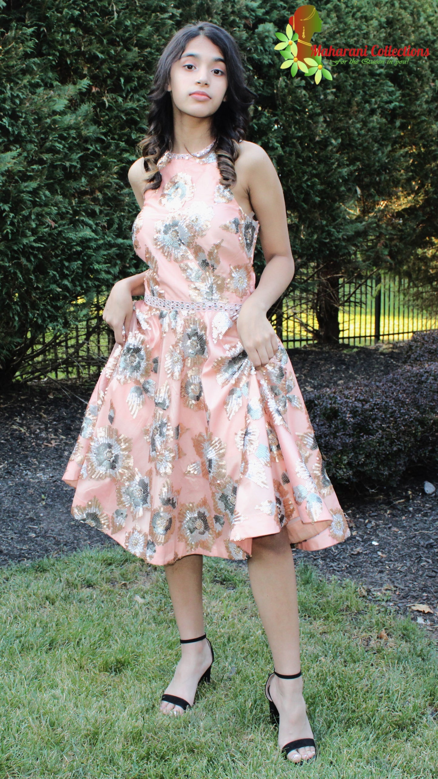 Maharani's Designer Silk and Net Evening Dress - Peach (S)