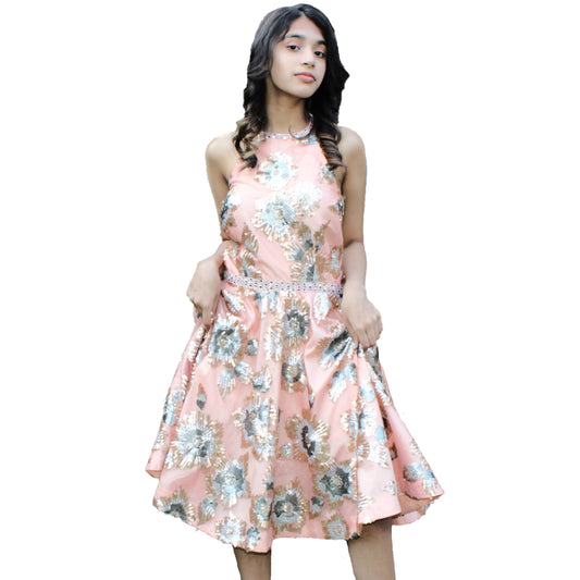 Maharani's Designer Silk and Net Evening Dress - Peach (S)