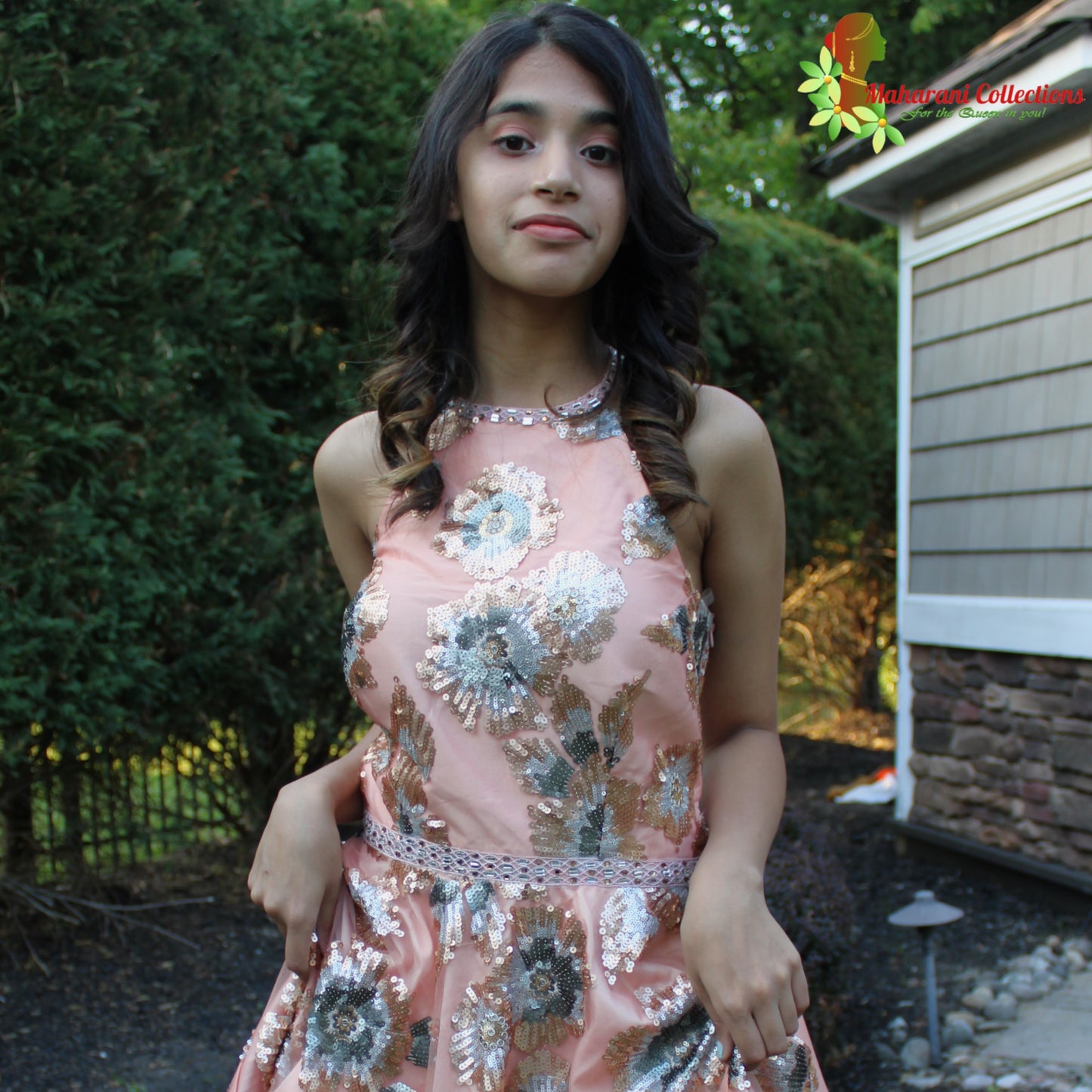 Maharani's Designer Silk and Net Evening Dress - Peach (S)
