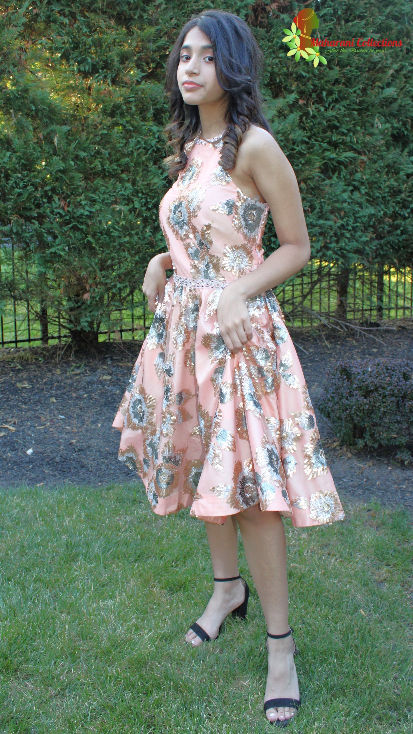 Maharani's Designer Silk and Net Evening Dress - Peach (S)