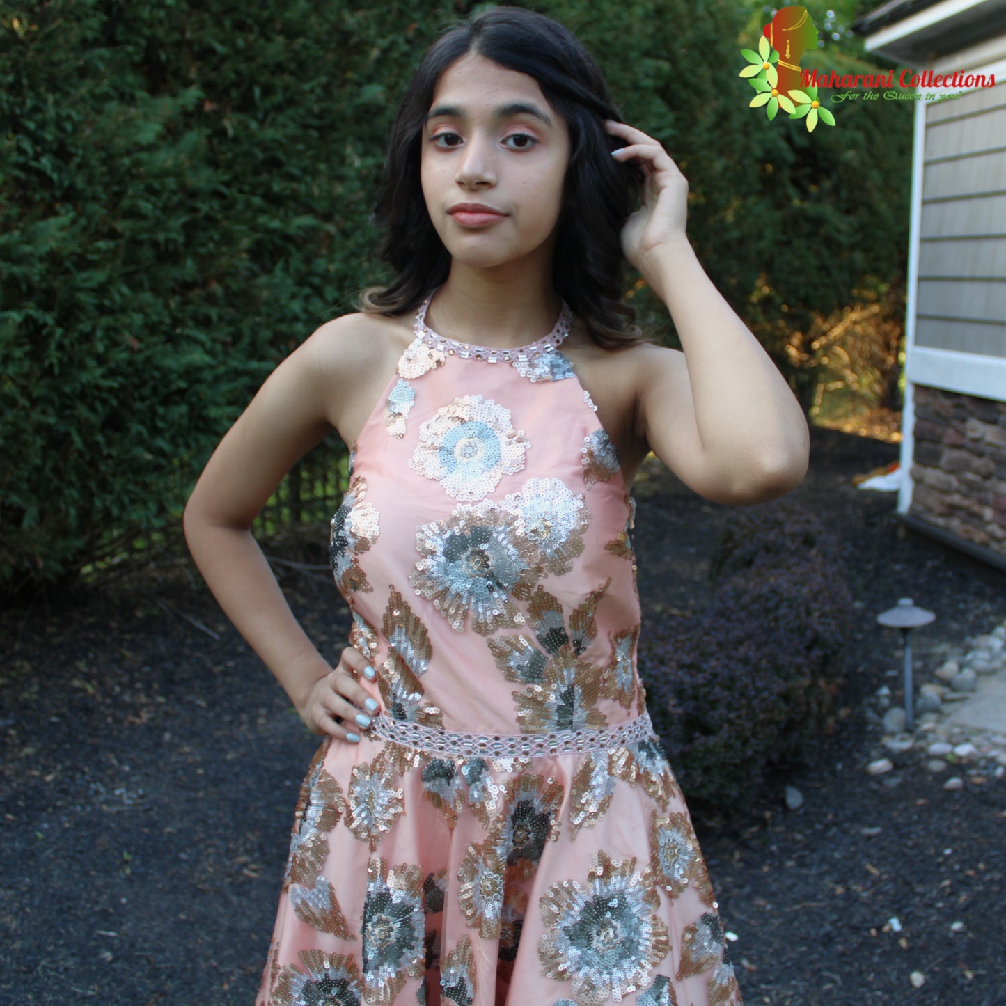 Maharani's Designer Silk and Net Evening Dress - Peach (S)