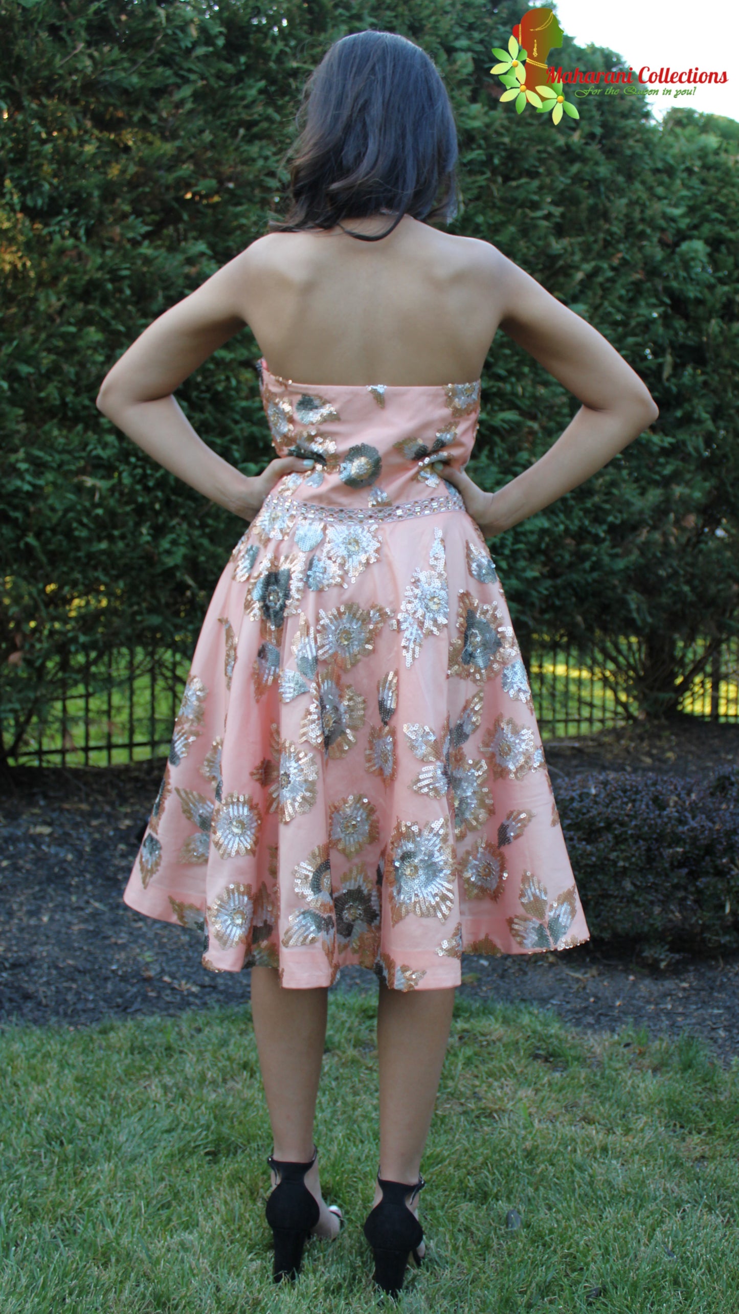 Maharani's Designer Silk and Net Evening Dress - Peach (S)