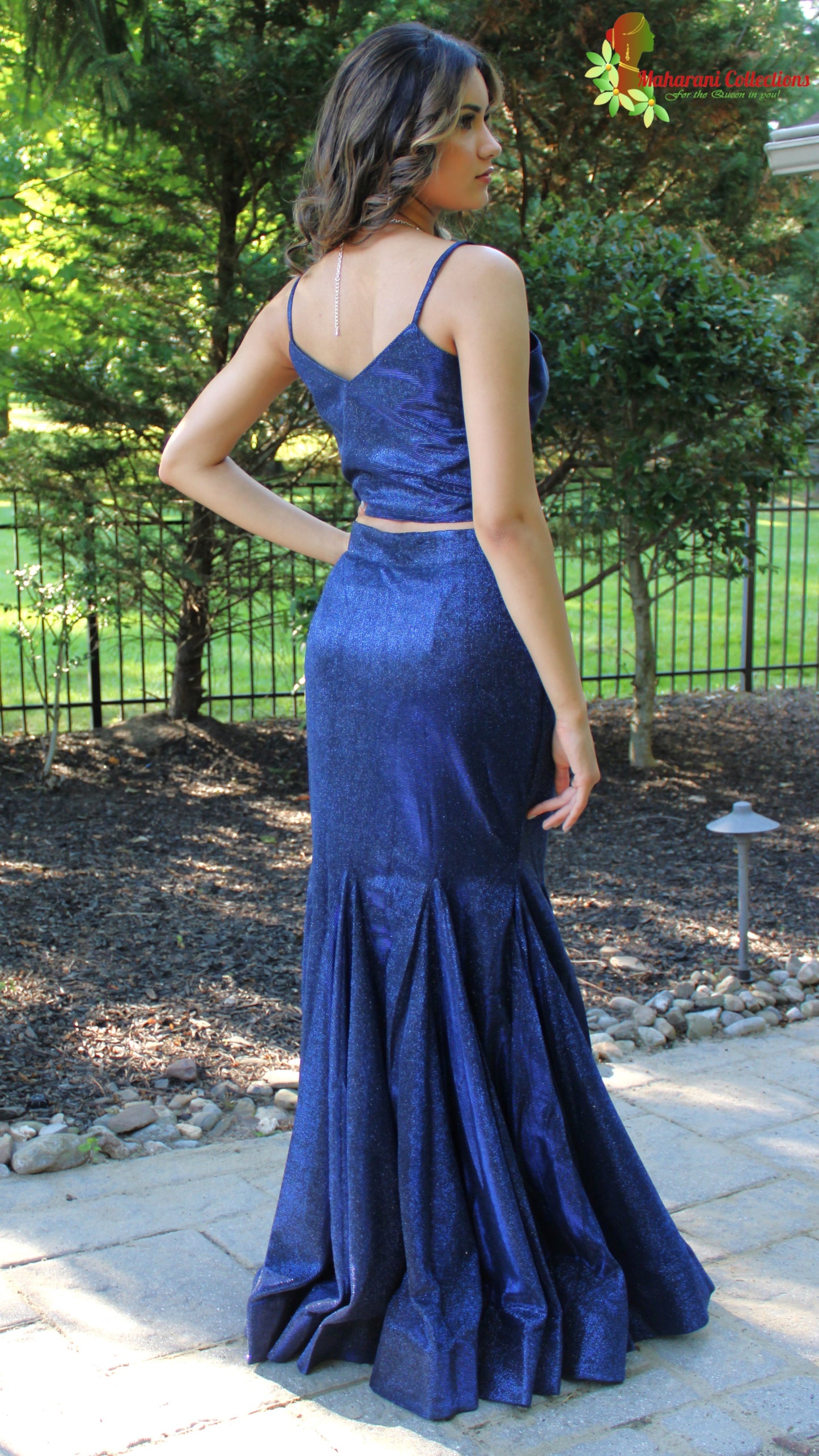Maharani's Designer Mermaid Gala Gown - Navy Blue (M) with Glitter and Sequins Work