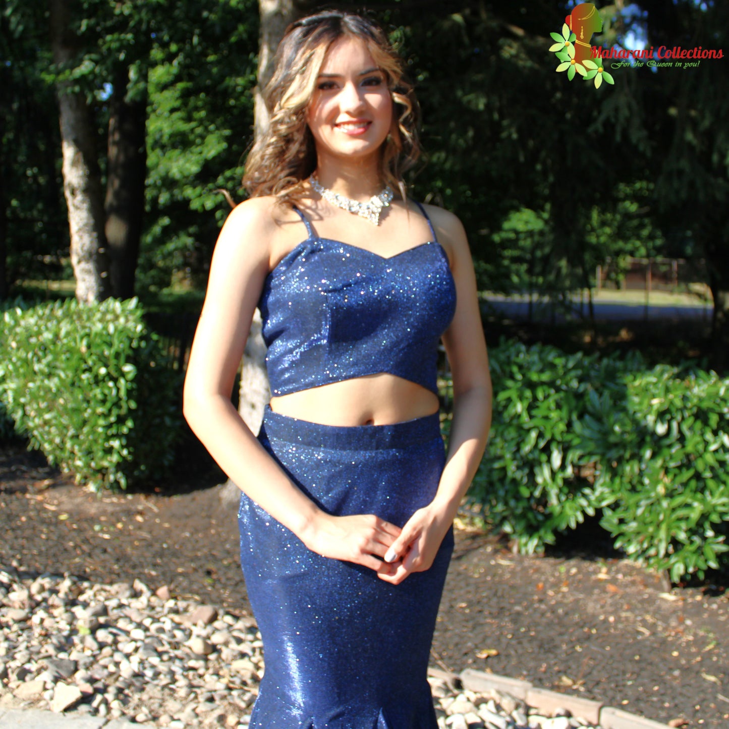 Maharani's Designer Mermaid Gala Gown - Navy Blue (M) with Glitter and Sequins Work