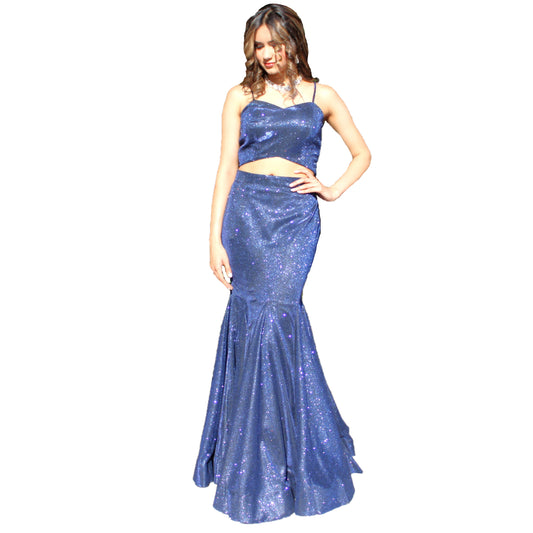 Maharani's Designer Mermaid Gala Gown - Navy Blue (M) with Glitter and Sequins Work