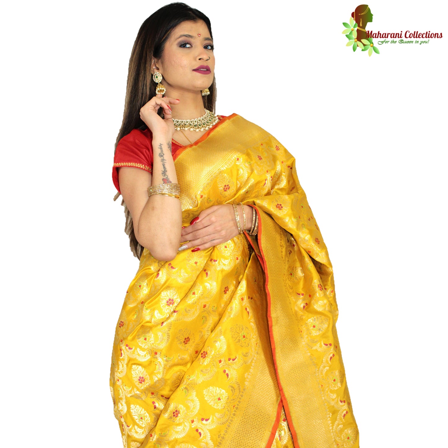 Maharani's Pure Banarasi Silk Saree - Deep Yellow (with Stitched Petticoat)