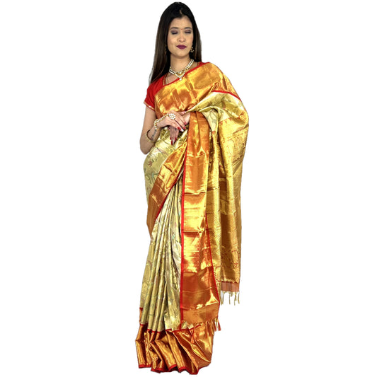 Maharani's Pure Handloom Kanjivaram Silk Saree - Olive Green/Red Border with Golden Zari and Boota Work