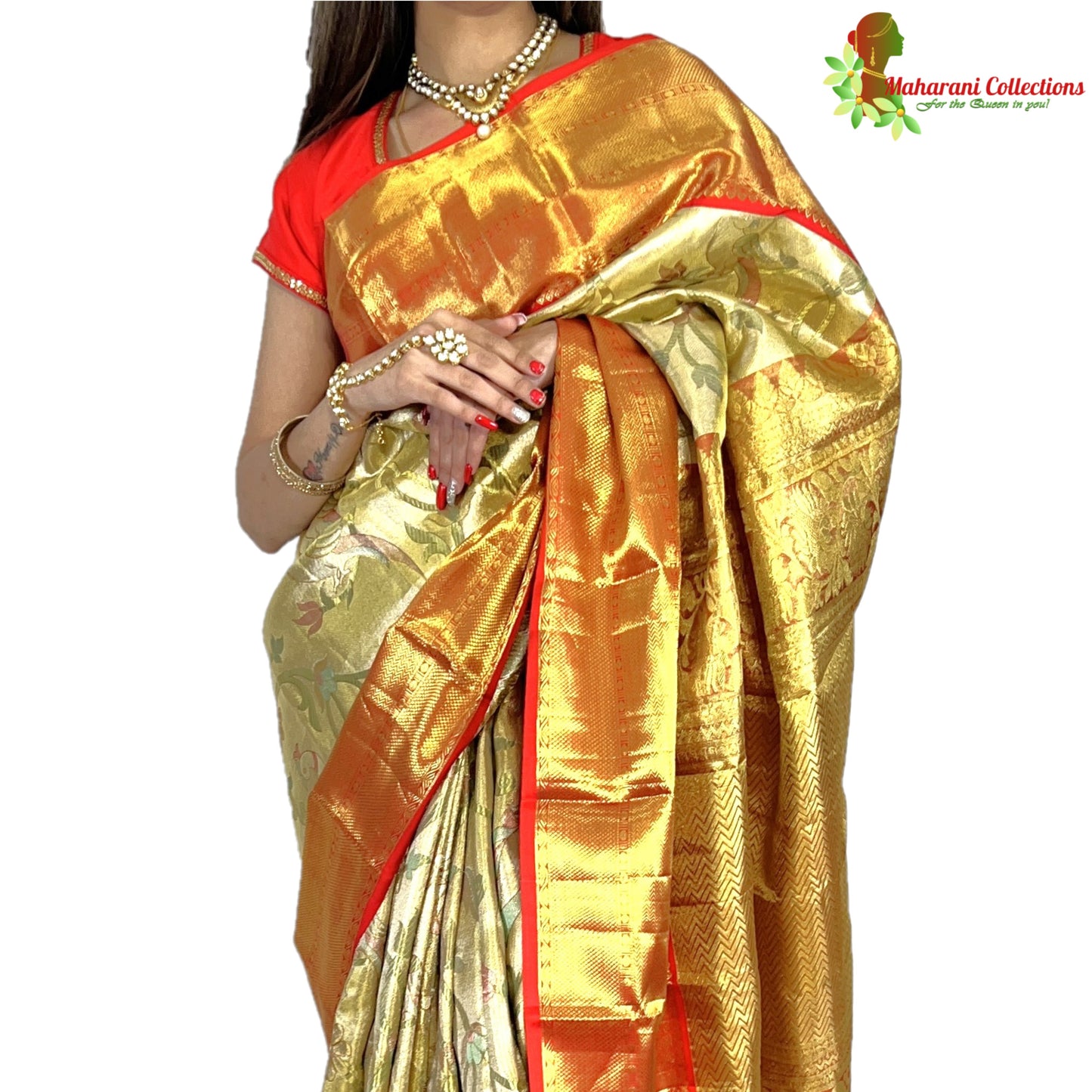 Maharani's Pure Handloom Kanjivaram Silk Saree - Olive Green/Red Border with Golden Zari and Boota Work