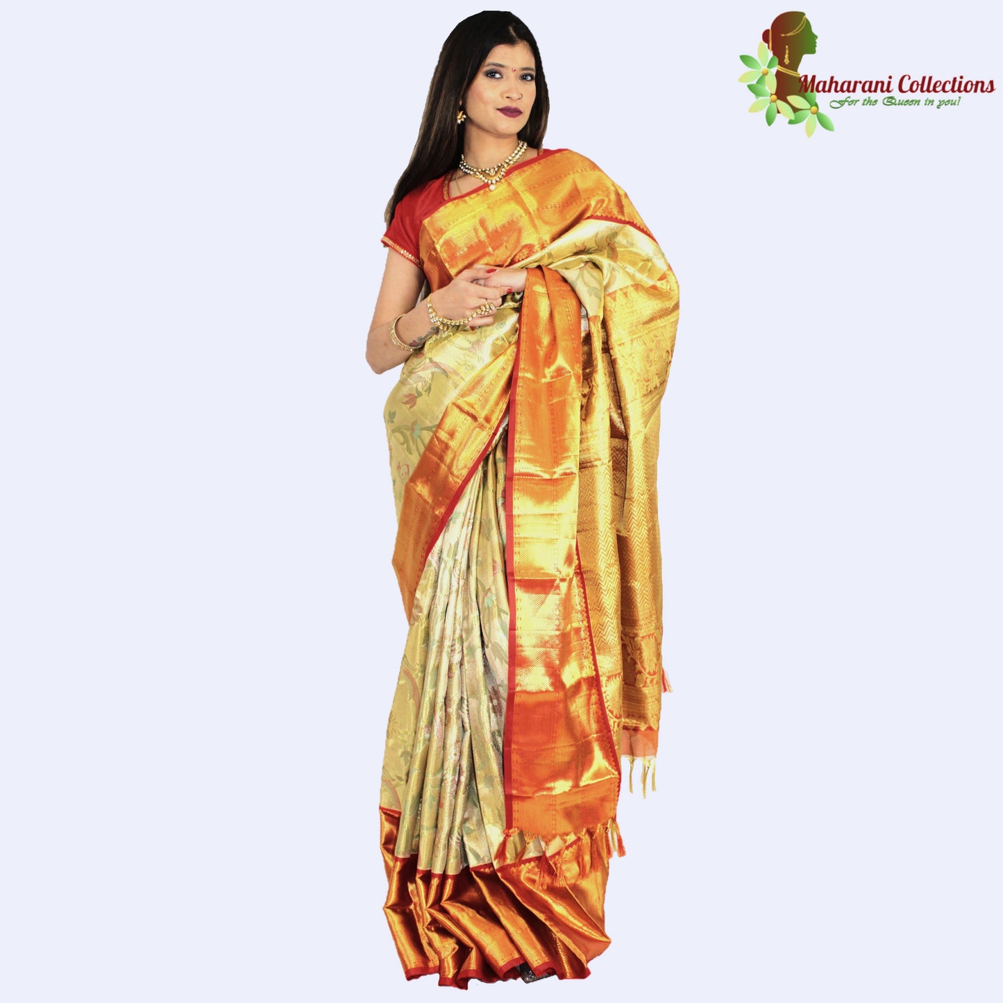 Maharani's Pure Handloom Kanjivaram Silk Saree - Olive Green/Red Border with Golden Zari and Boota Work