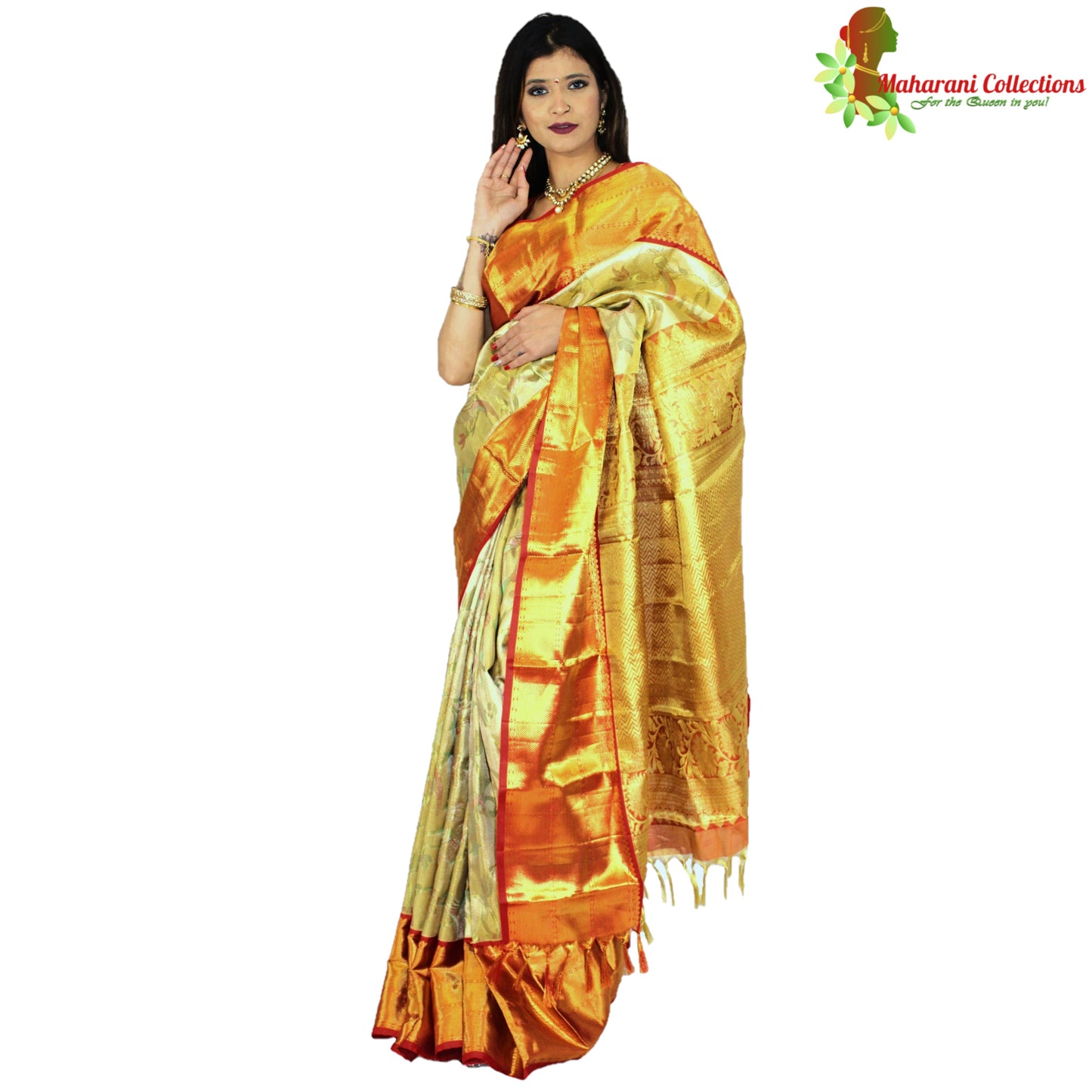 Maharani's Pure Handloom Kanjivaram Silk Saree - Olive Green/Red Border with Golden Zari and Boota Work
