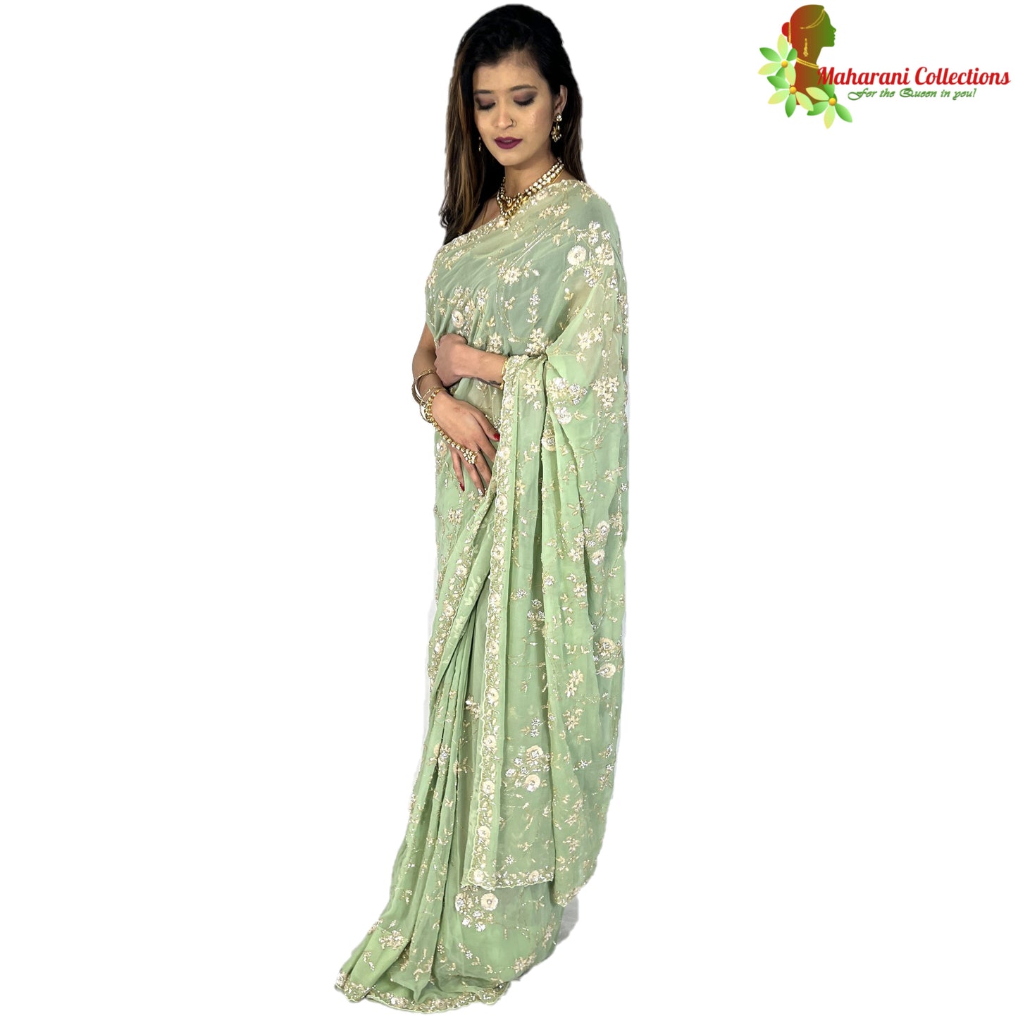 Maharani's Party Wear Georgette Heavy Work Saree - Sea Green (with Stitched Petticoat)