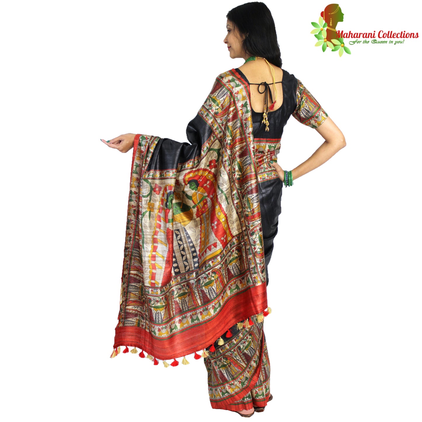 Maharani's Pure Tussar Silk Saree (Silk Mark) - Elegant Black with Madhubani Hand Painting