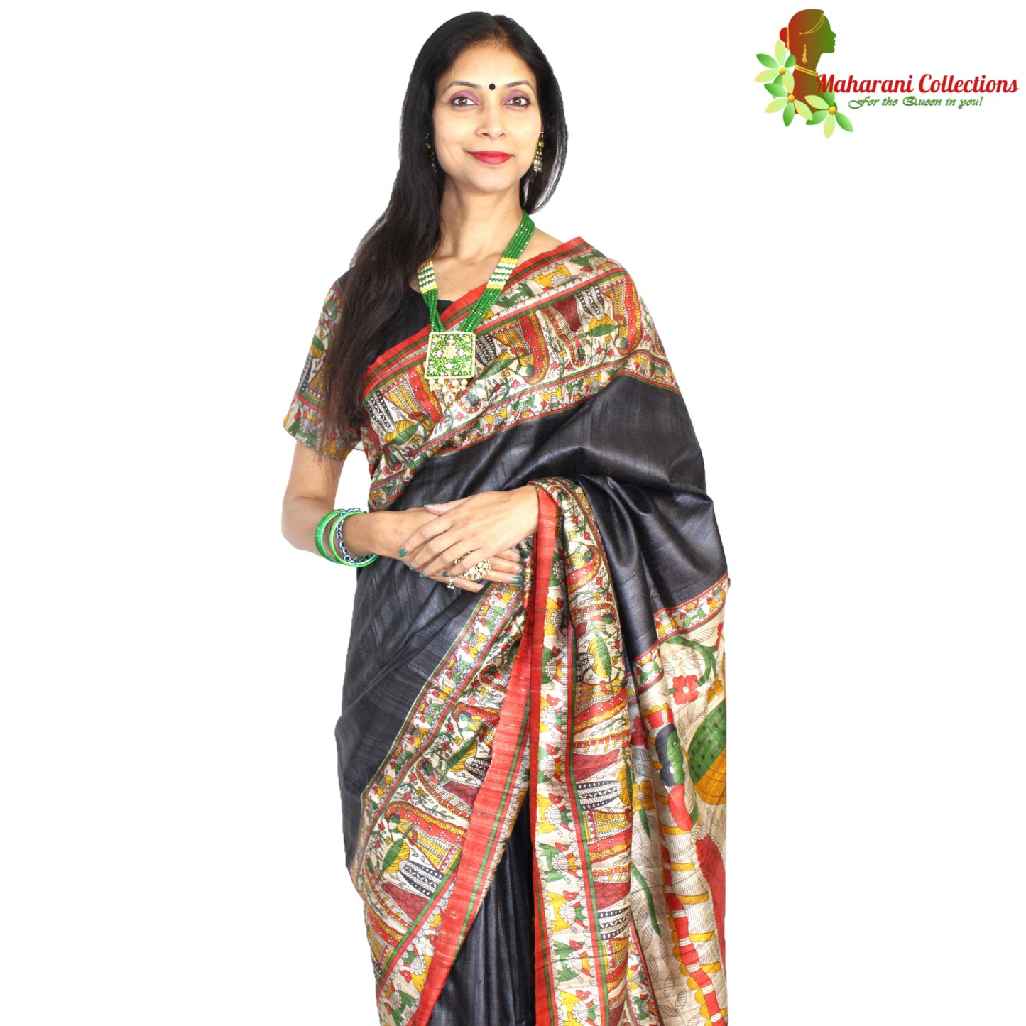 Maharani's Pure Tussar Silk Saree (Silk Mark) - Elegant Black with Madhubani Hand Painting