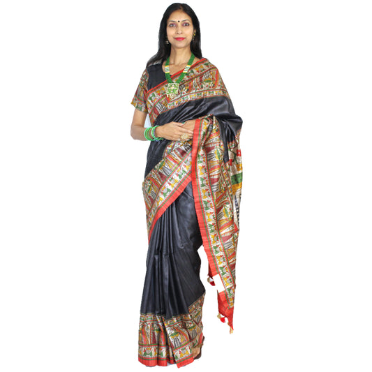 Maharani's Pure Tussar Silk Saree (Silk Mark) - Elegant Black with Madhubani Hand Painting