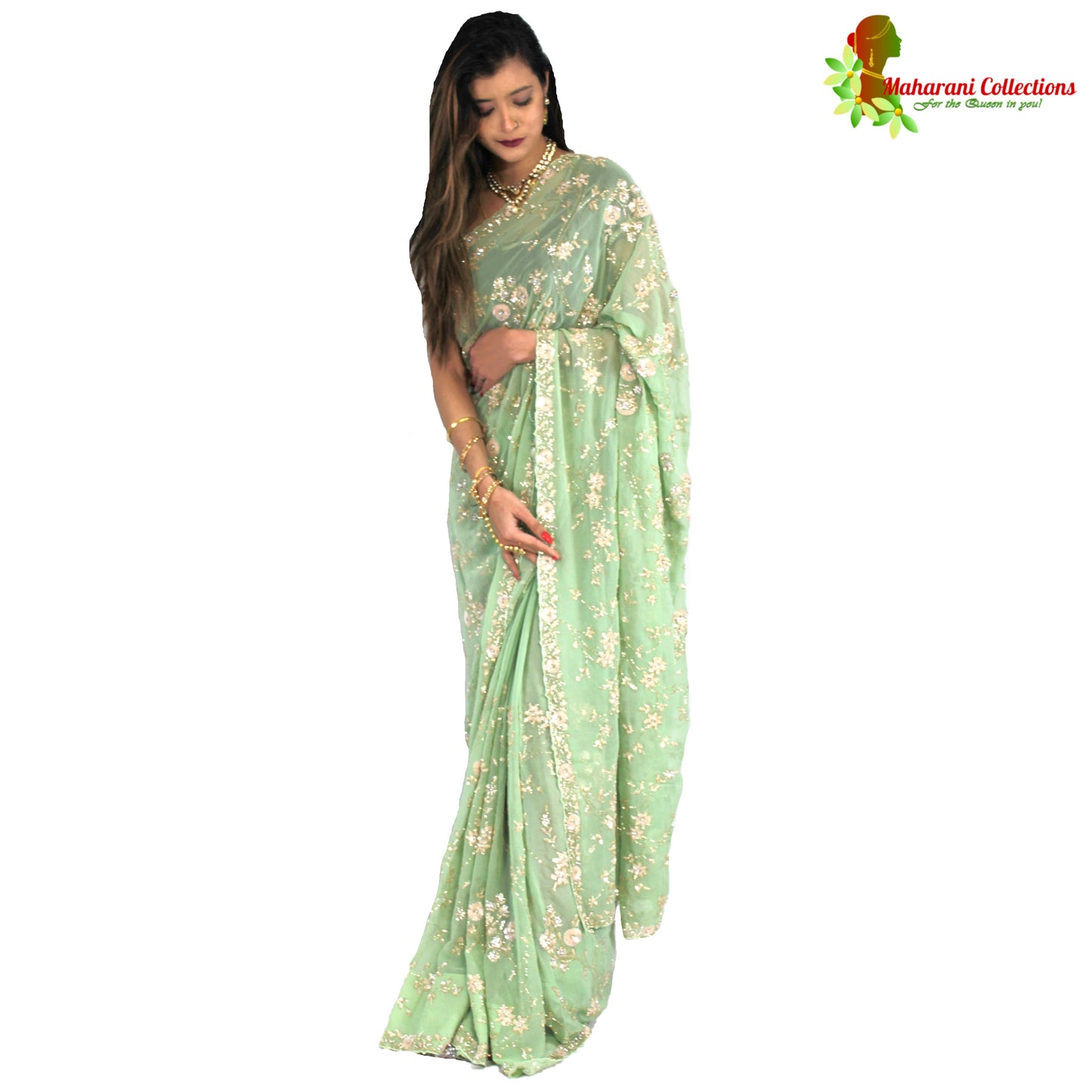 Maharani's Party Wear Georgette Heavy Work Saree - Sea Green (with Stitched Petticoat)