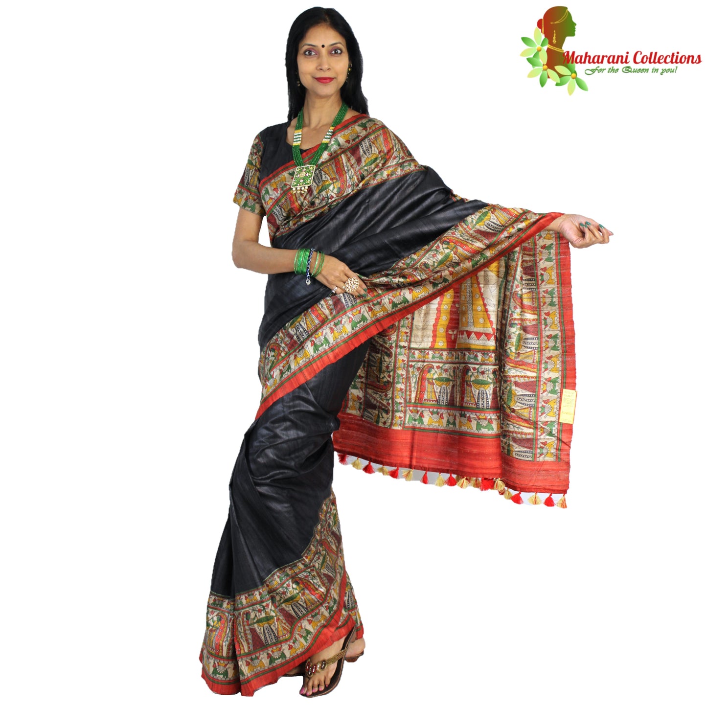 Maharani's Pure Tussar Silk Saree (Silk Mark) - Elegant Black with Madhubani Hand Painting